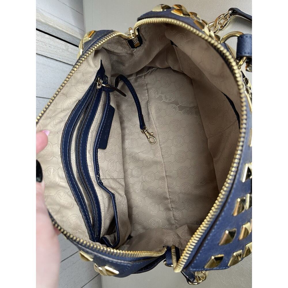Michael Kors Navy Blue Leather Gold Studded Grayson Satchel Top Handle - Picture 3 of 12